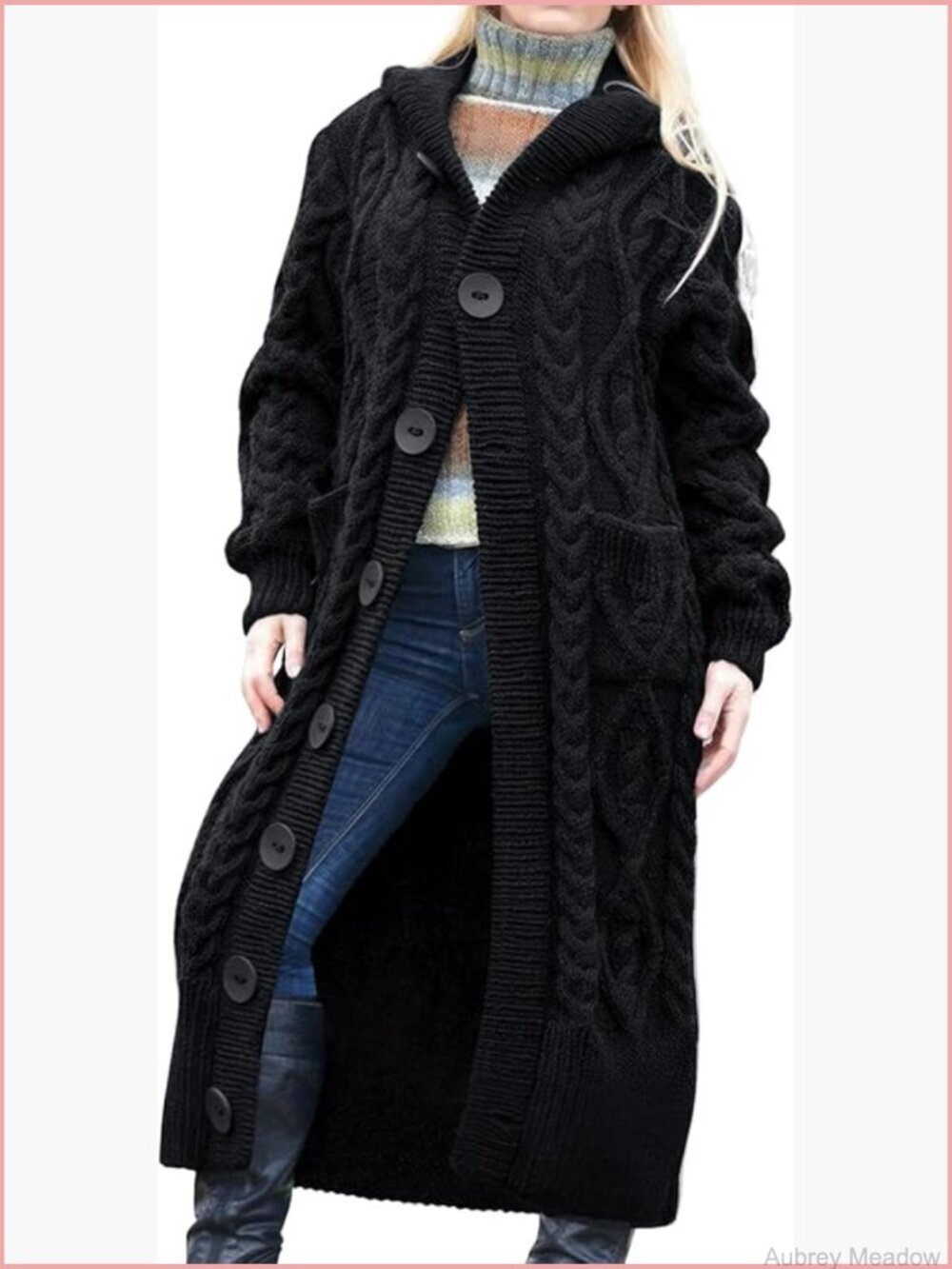 Women's Long Sleeve Hooded Cardigan Chunky Cable Knit Plus Size Over Knee